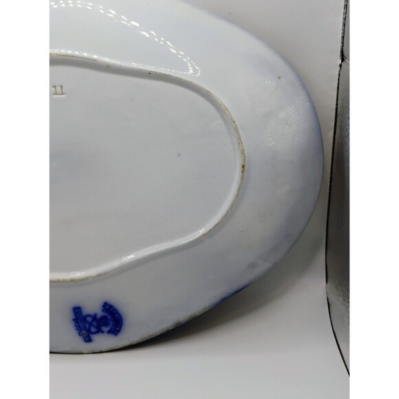 ANTIQUE CONWAY FLOW BLUE OVAL PLATE WITH EXTRAVAGANT PATTERN~10 3/4" LONG X 8" W - Picture 15 of 15